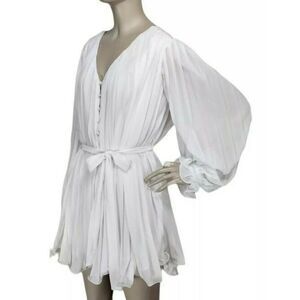 Endless Rose White Chiffon Pleated Balloon Sleeve Lettuce Trim Tie-Waist Romper